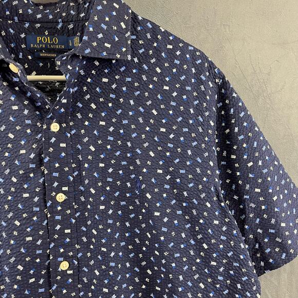 Polo Ralph Lauren Seersucker Casual Button-Down Shirt All Over Print Flags Large - Picture 12 of 12